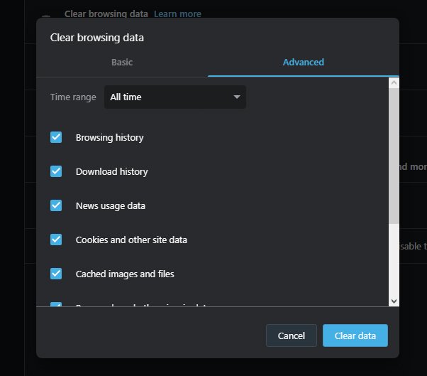 Clear Browser Cache, Cookies and history